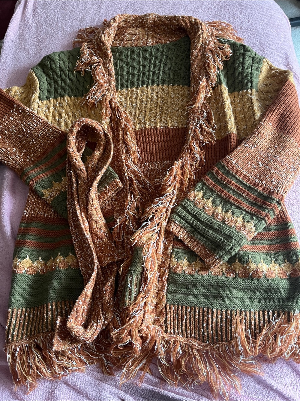 Boho Fringe Open-Front Women’s Sweater Cardigan - Green & Tan
